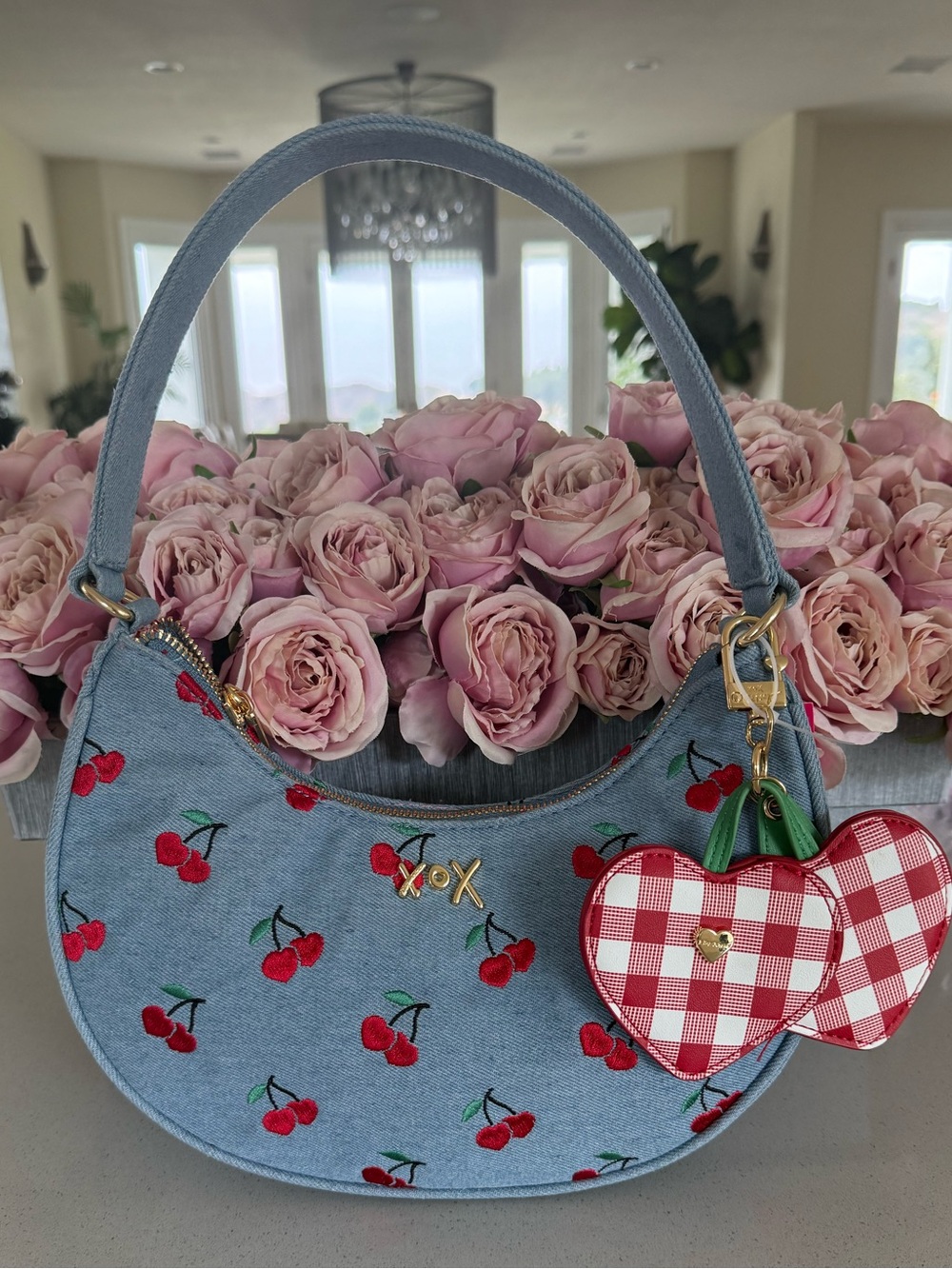 Betsey Johnson NWT DENIM CHERRY Demi SHOULDER BAG with huge bag charm